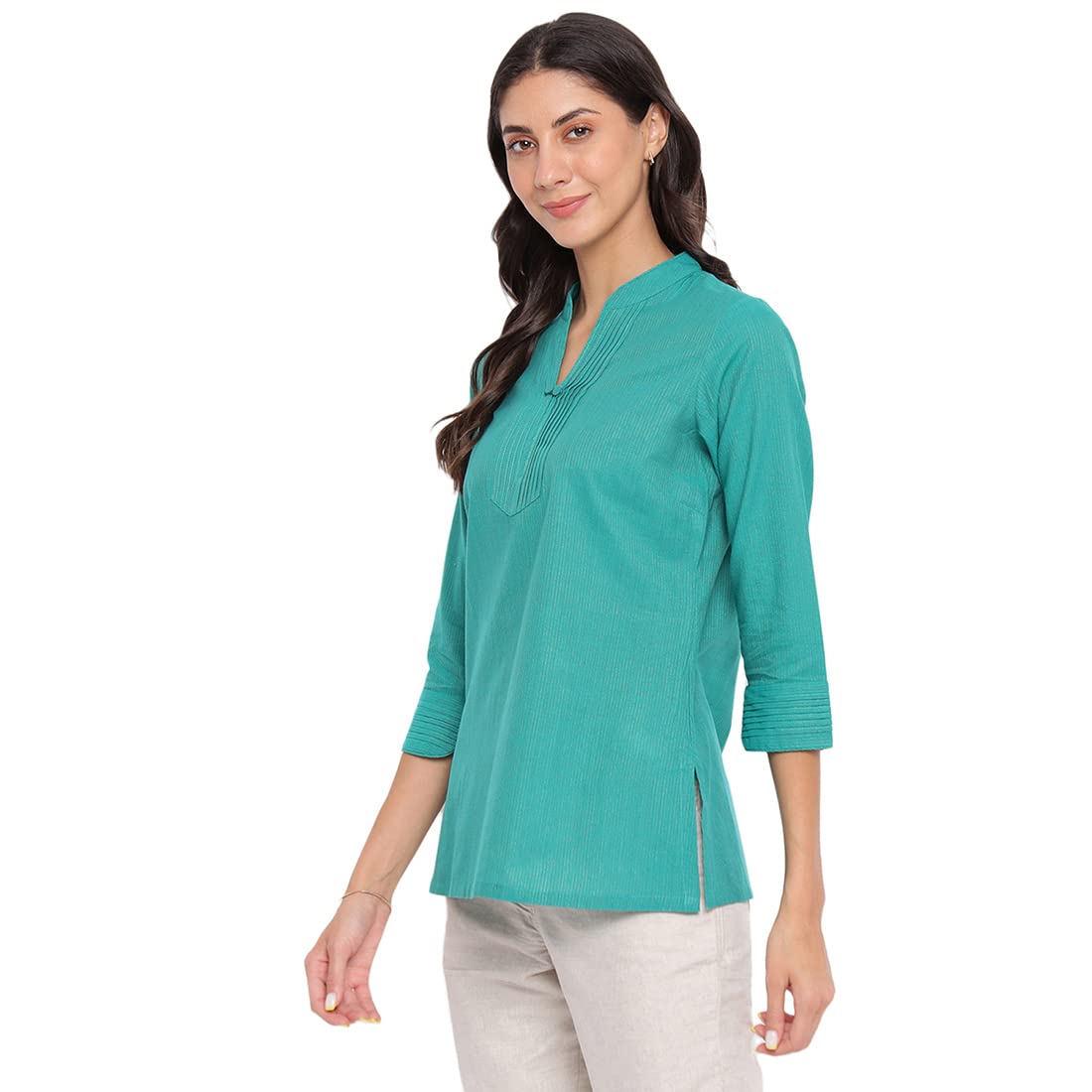 Fabindia FabBasics Women Cotton Blend Solid Slim Fit Short Kurta