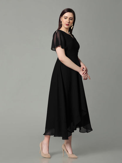 Selvia Western Dress For Women| Solid Cap Sleeve Georgette Western Dress For Women | Keyhole Neck Fit & Flare Dress For Women |