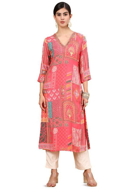 Soch Womens Pink Ethnic Motifs Printed Muslin Straight Kurta with Beads
