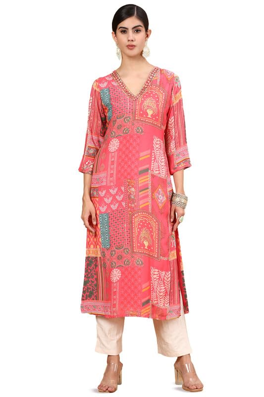 Soch Womens Pink Ethnic Motifs Printed Muslin Straight Kurta with Beads