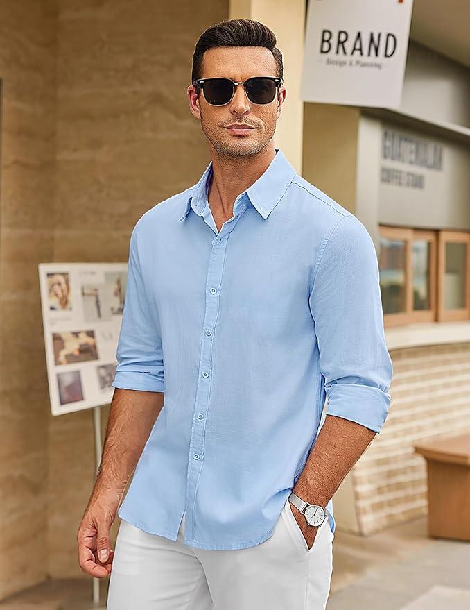 CB-COLEBROOK Mens Long Sleeve Button Down Shirts Casual Cotton Linen Shirts Summer Beach Shirt for Mens Top (in, Alpha, XL, Reg