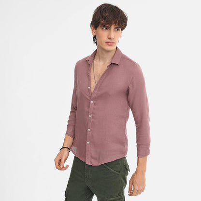 Campus Sutra Mens Nude Pink Woven-Textured Shirt for Casual Wear | Spread Collar | Long Sleeve | Button Closure | Shirt Crafted
