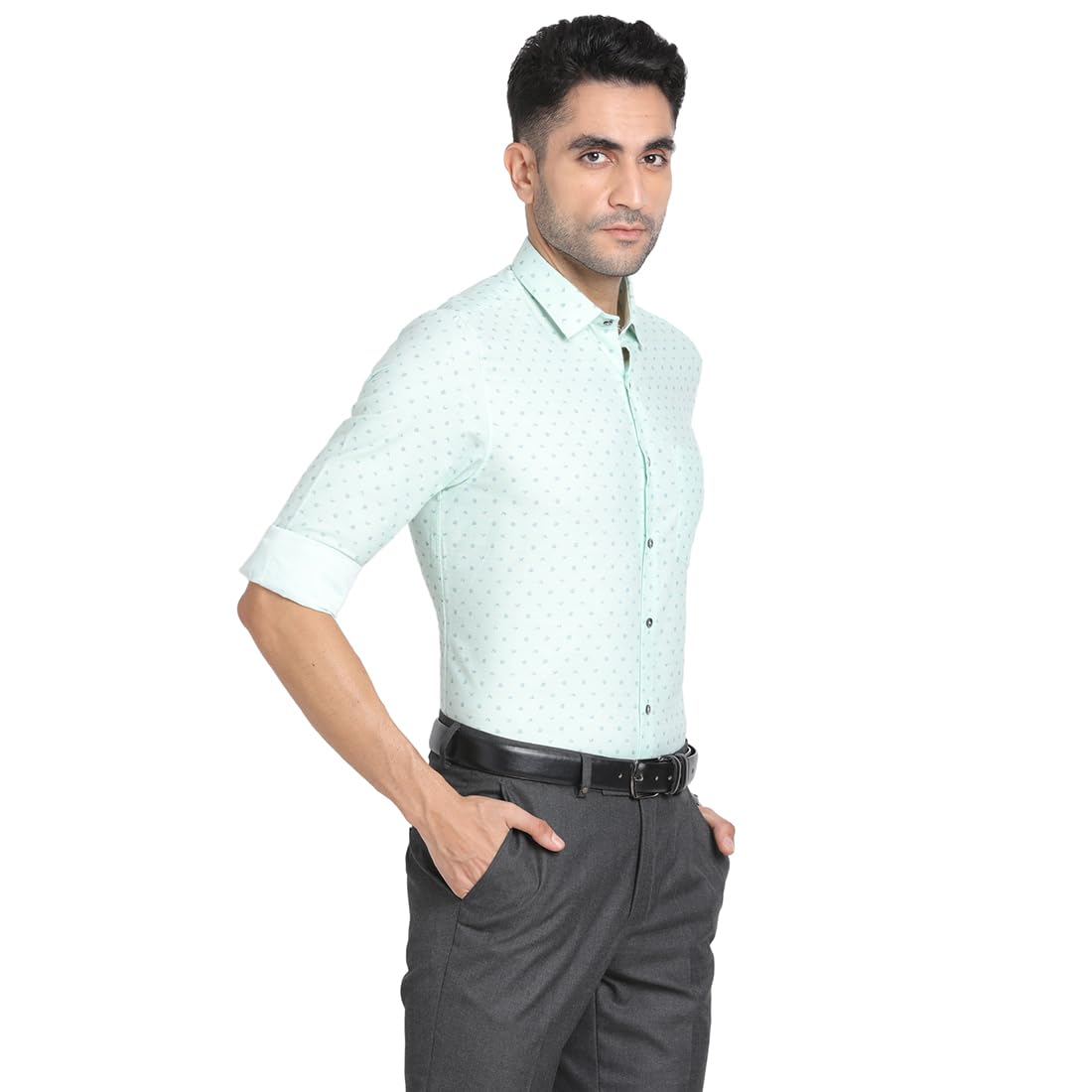Turtle Men Cotton Melange Slim Fit Mint Green Printed Full Sleeve Formal Shirt