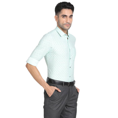 Turtle Men Cotton Melange Slim Fit Mint Green Printed Full Sleeve Formal Shirt