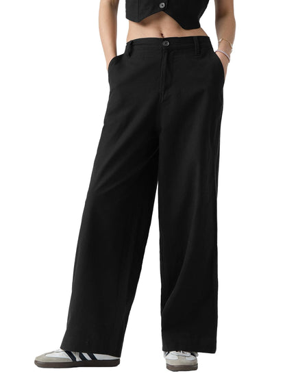 The Souled Store Cotton Linen Pants: Black Women and Girls Buttoned Coton Linen Blend Straight Fit Pants
