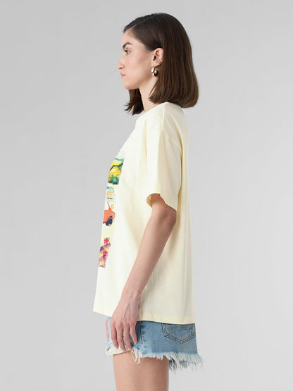 The Souled Store Caravan Women and Girls Short Sleeves Round Neck Off White Graphic Printed Cotton Oversized T-Shirts