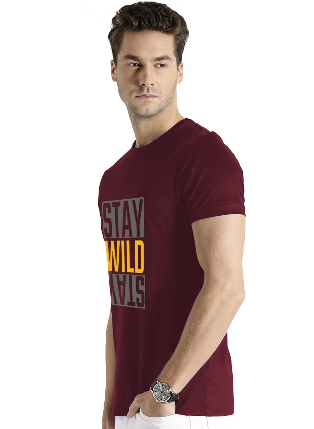 ADRO Men's Stay Wild Typography Printed Cotton T-Shirt (RNR-M-Wild-MR_Maroon)