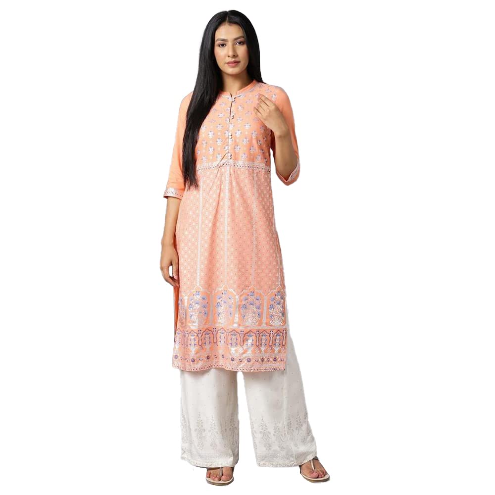 Aurelia Printed Viscose Mandarin Womens Kurta (Small,Pink)