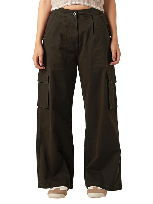 Bewakoof Womens Solid Oversized Fit 98% Cotton;2% Spandex Pant_659560_Brown_28