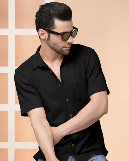 Eyebogler MenS Solid Regular Fit Polyester Casual Shirt With Spread Collar & Full Sleeves Shirt Black
