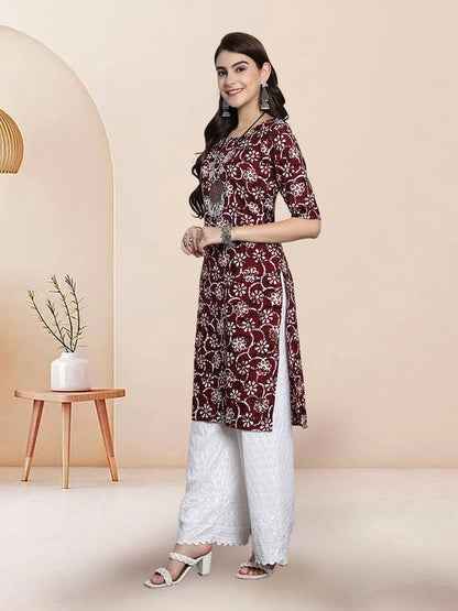 Pinkmint Elegant Printed Crepe Kurtis for Womens ll Fashionable Kurti ll Straight Round Neck Kurti (Pack of 1) Maroon