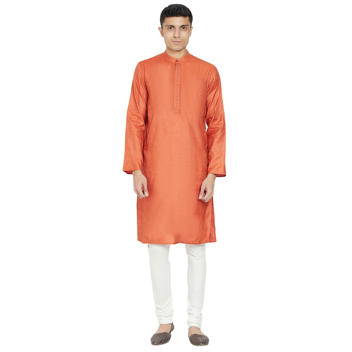 Fabindia MenS Silk Embroidered Slim Kurta_Orange_S