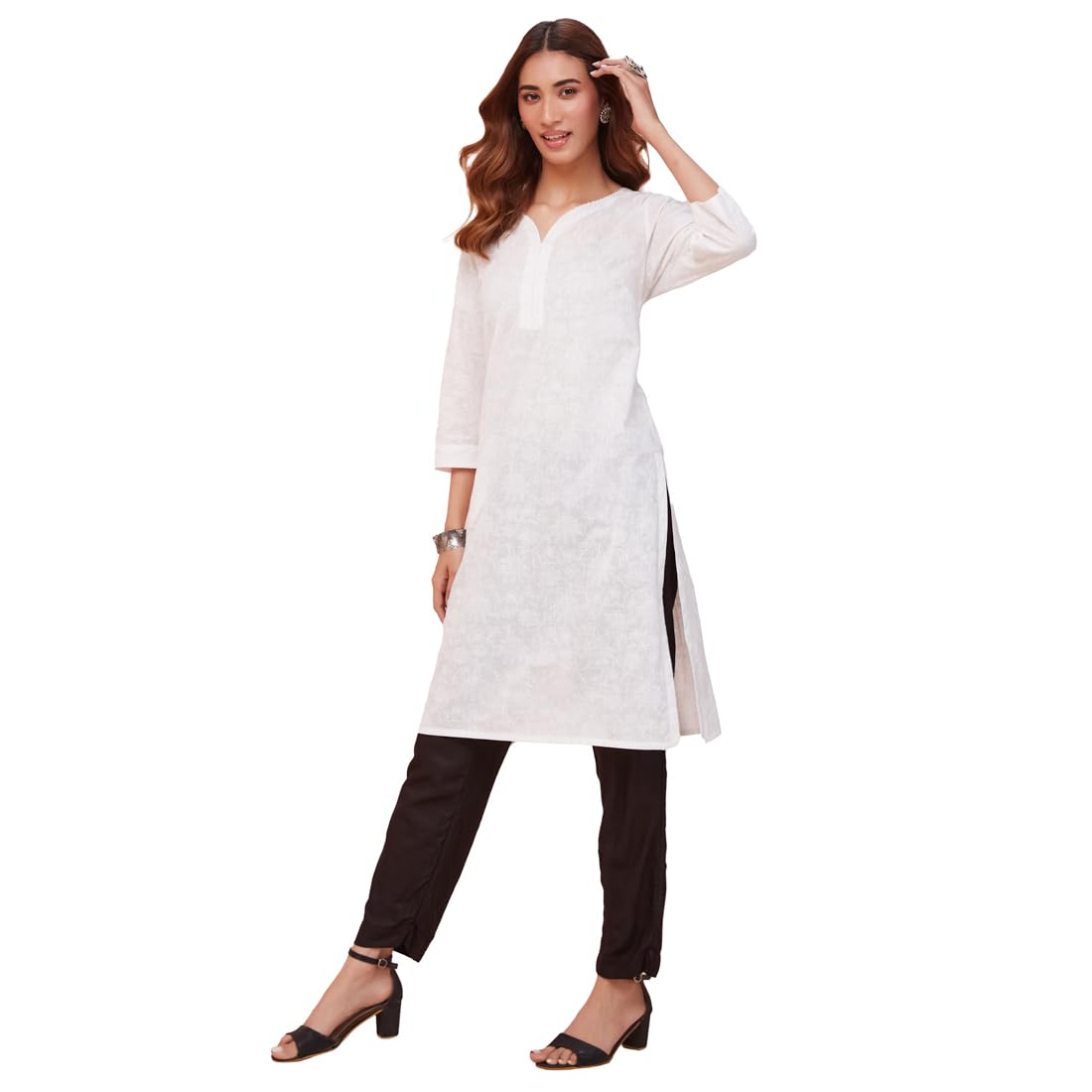 Fabindia WomenS Cotton Printed Regular Kurta (1037328White_White