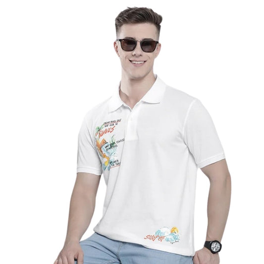 The Indian Garage Co Men Slim Fit Placement Print Polo Collar Tshirt White