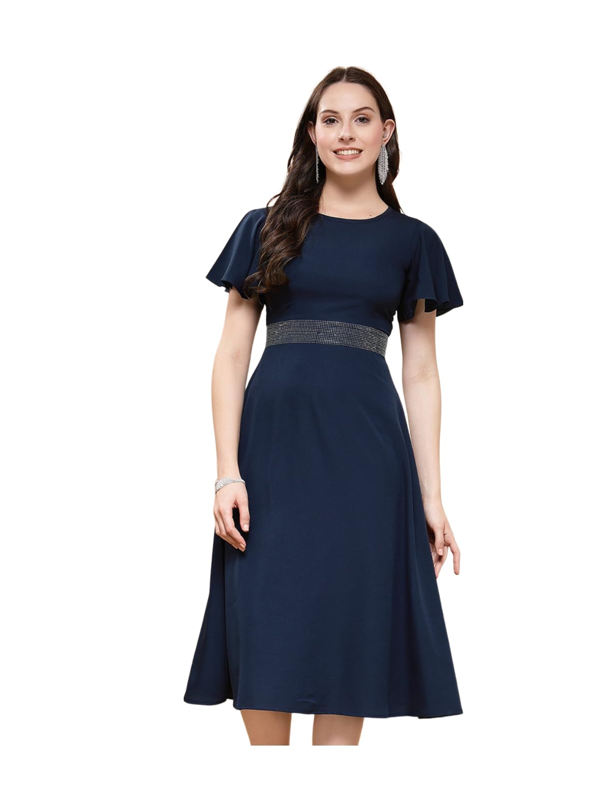 Selvia WomenS Western Dress | Stone Work Flutter Sleeve Crepe Western Dress For Women | Round Neck A-Line Dress For Women | One