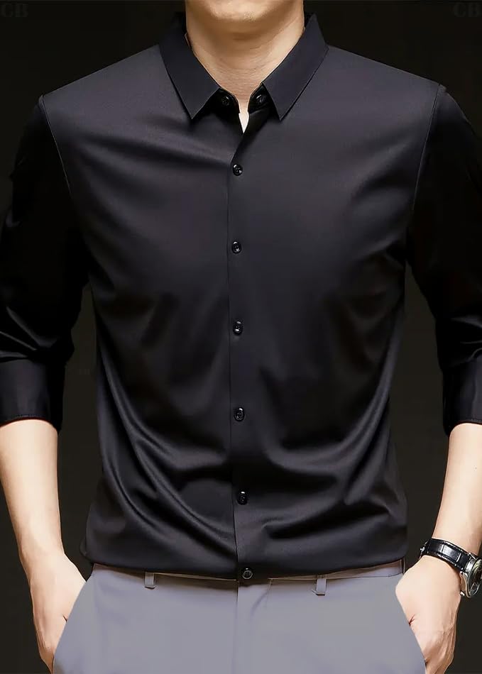 CB-COLEBROOK Mens Silk Satin Dress Shirts for Men Long Sleeve Button Down Shirts Party Prom Wedding Shirt Top (in, Alpha, M, Re