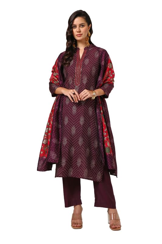 Soch Womens Wine Muslin Blend Bandhani Print Suit Set