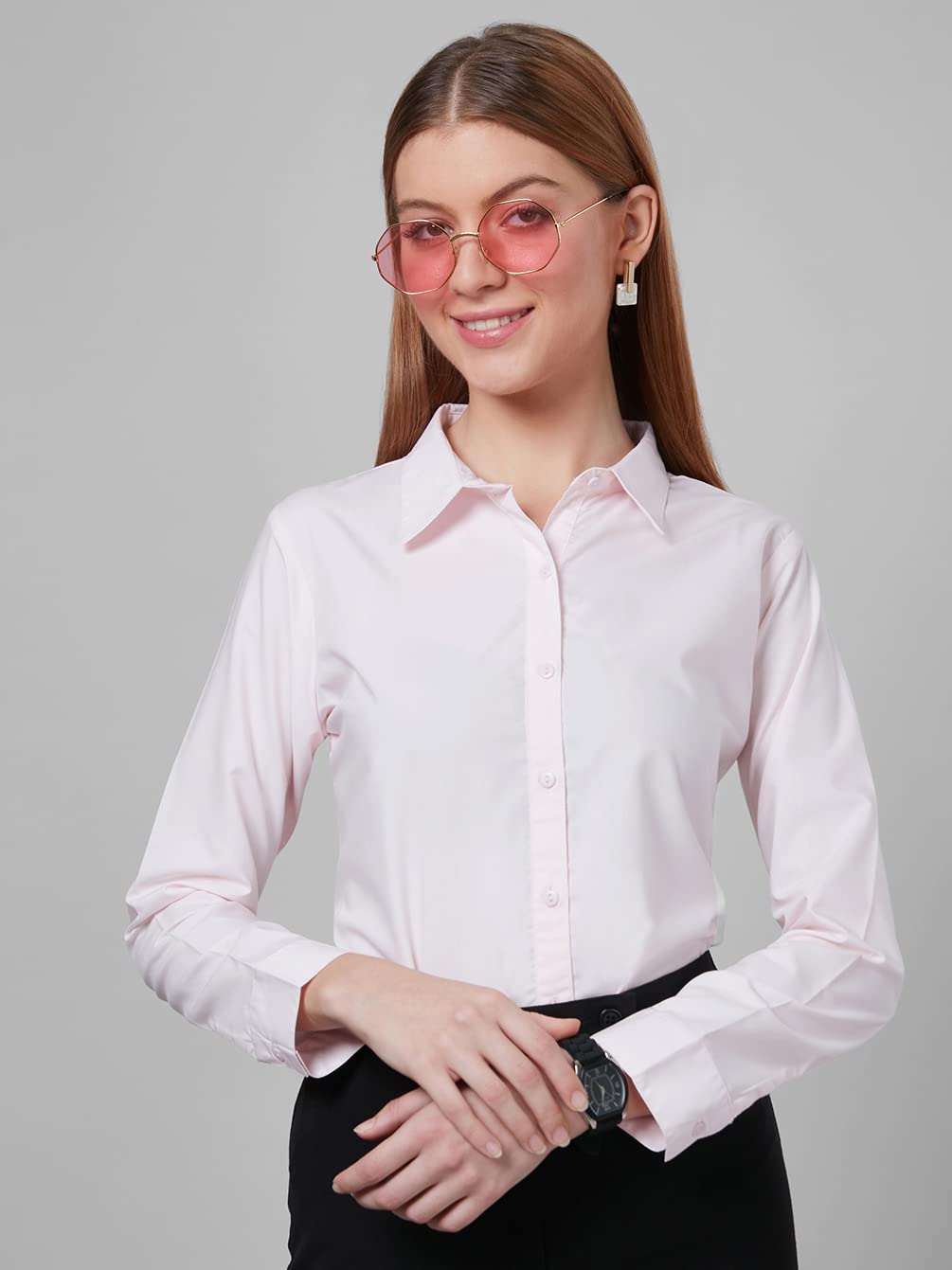 Style Quotient Women Solid Pastel Pink Polycotton Regular Formal Shirt