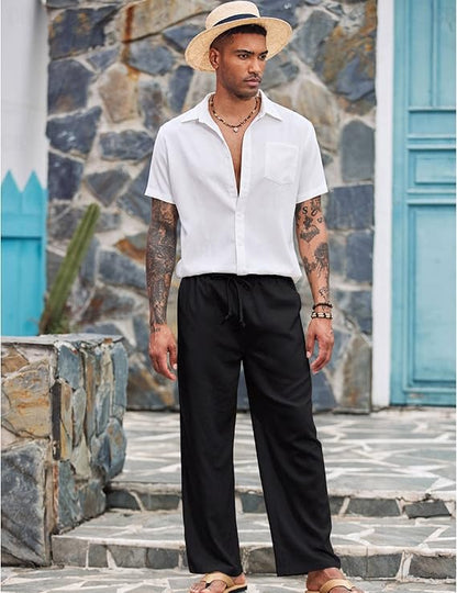 CB-COLEBROOK Mens Casual Linen Pants Elastic Waist Pants Drawstring Summer Beach Yoga Linen Trouser | Loose Fit Track Pants (in,