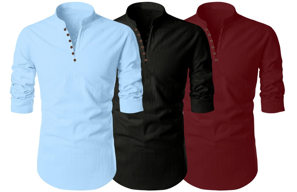 Finivo Fashion MenS Cotton Blend Regular Fit Solid Casual Kurta Shirt Pack Of 3