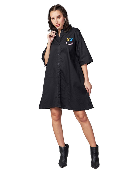 Bewakoof WomenS Typography Oversized Fit Half Sleeve Collared Neck Cotton Shirt Dress_603364_Black_L
