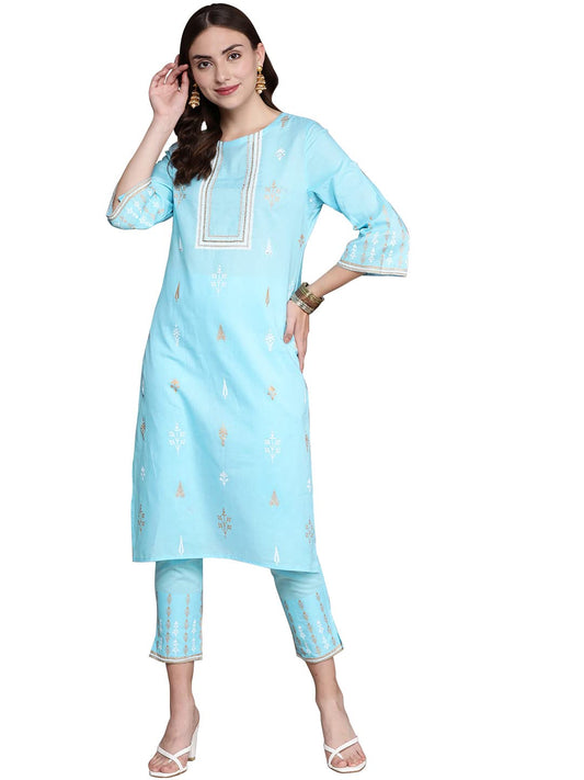 ZIYAA Solid Regular Women's Sky Blue Cotton Straight Kurta and Pant Set
