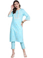 ZIYAA Solid Regular Women's Sky Blue Cotton Straight Kurta and Pant Set