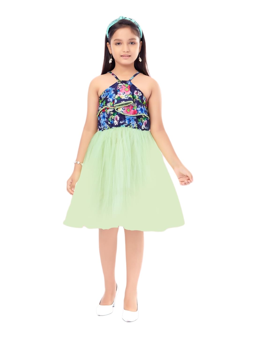 Aarika Girl's Nylon Skater Knee-Length Dress (SP-MD-22133_Green