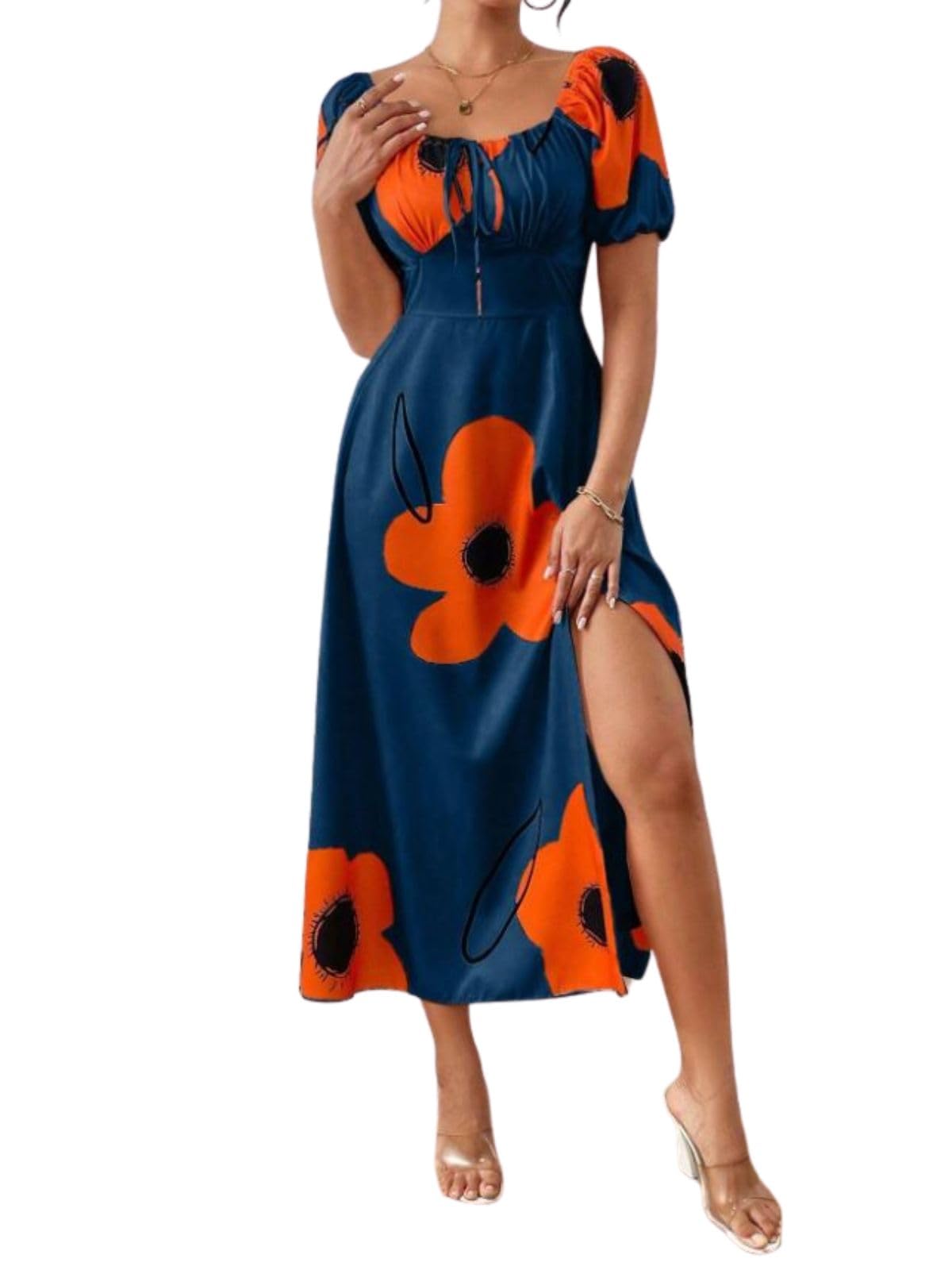 Greciilooks Viscose Rayon Western Mid-Calf Length Women Party Dress (Gl-Wd1281_Dark Blue