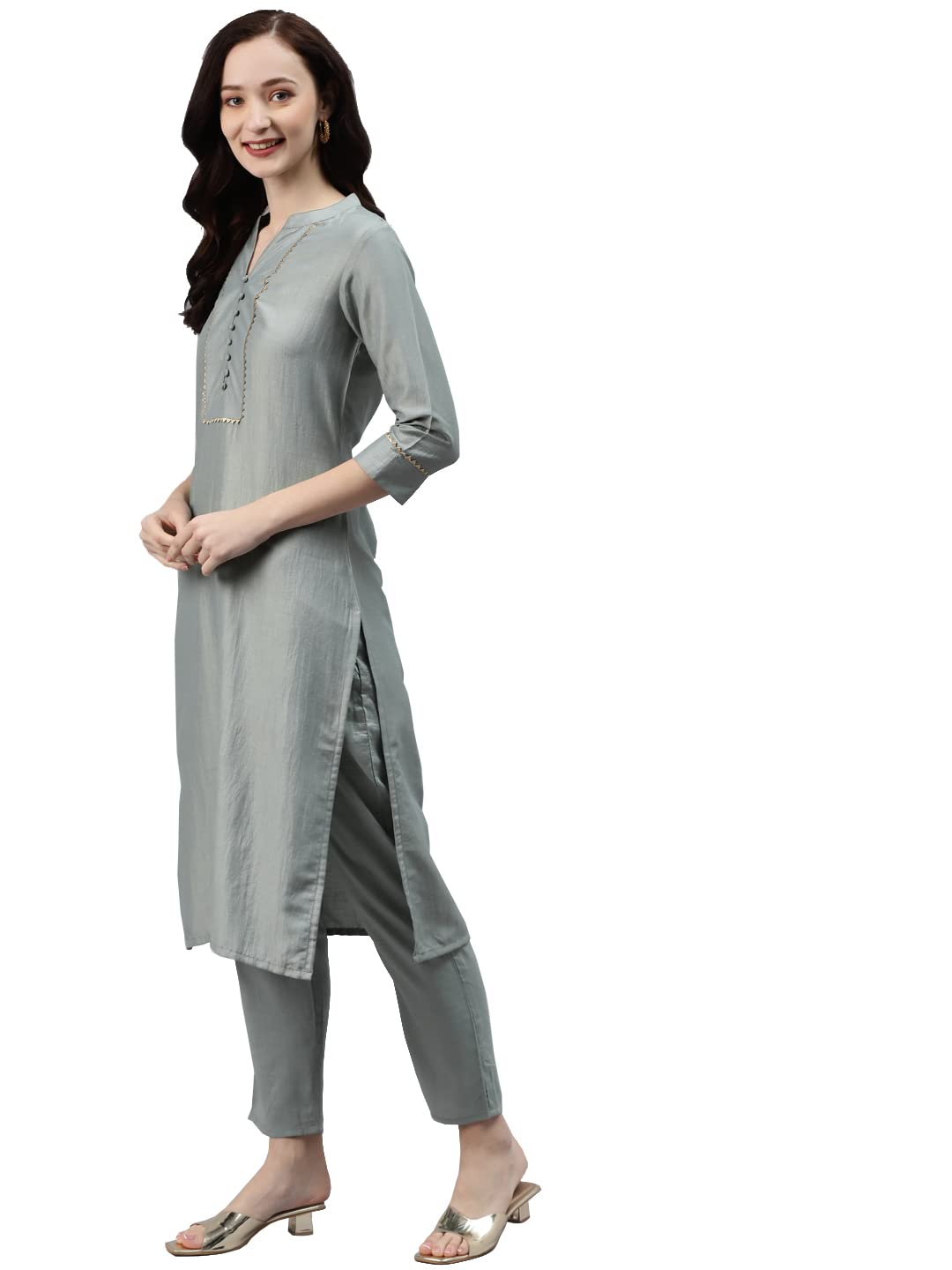 ZIYAA Women's Green Chinon Straight Kurta, Pant And Dupatta Set(ZISKDCH3543)