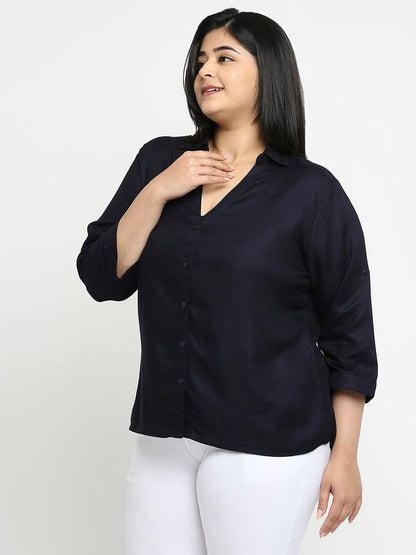 Style Quotient Women Navy Blue Solid Plus Size Shirts