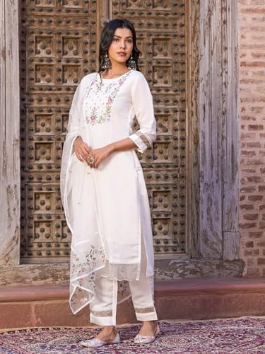 Shiv Textiles Embroidery Off White Kurta Trousers With Dupatta Striped Viscose Silk Blend Three-Quarter Sleeves Kurta Sets For W