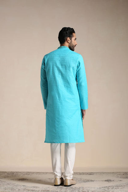 Manyavar Kurta Set For Men, Full Sleeves Mandarin Collar Ethnic MenS Kurta Set For Engagement, Wedding, Party Cotton Solid (Blu