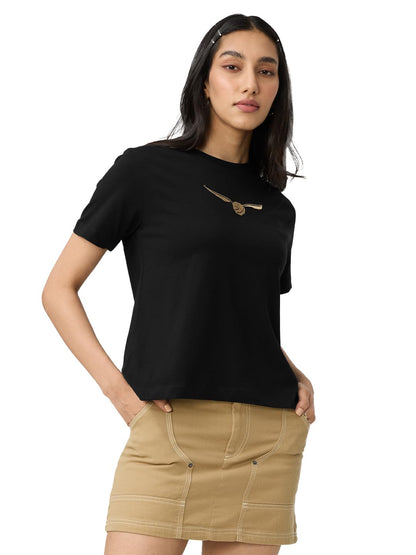 The Souled Store Harry Potter: Golden Snitch Women and Girls Short Sleeves Round Neck Black Embroidered Cotton Relaxed Fit T-Shi