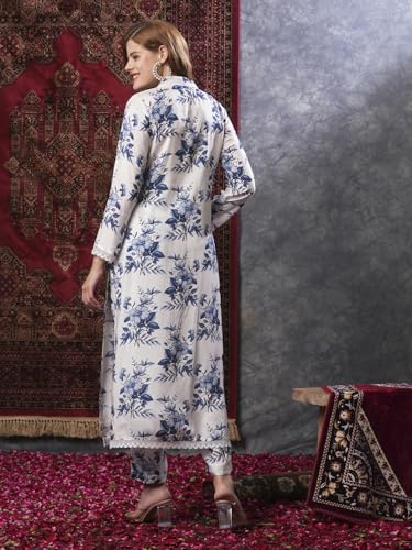 ANNI DESIGNER Women's Cotton Blend Straight Printed Kurta with Pant (Pivar White_L_White_Large)