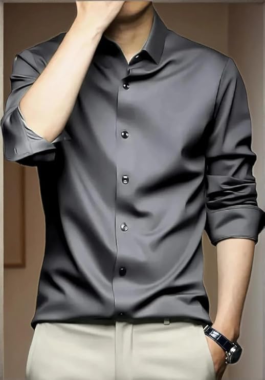 Funky Rich MenS Poly Satin Silk Solid Pattern Regular Fit Shirt With Long Sleeve Collared Neck Standard Length And Classic Styl