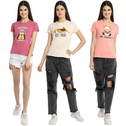 Preneum Womens Cotton Regular Fit Latest Graphic Stylish Printed Short Sleeves Casual T-Shirt || Trend Styles & Style (Pack 3),