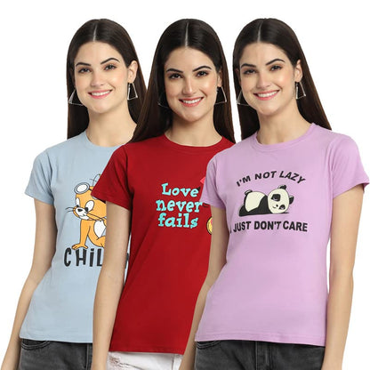 Preneum Womens Cotton Regular Fit Latest Graphic Stylish Printed Short Sleeves Casual T-Shirt || Latest Trendy & Style (Pack 3)