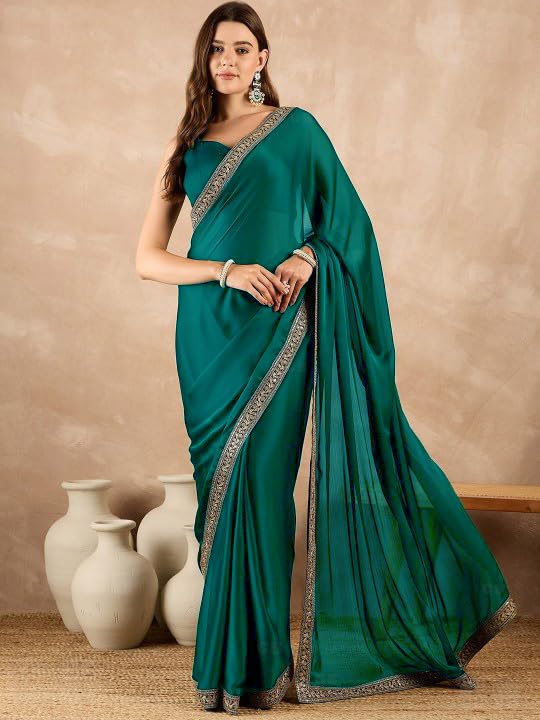 Cb-Colebrook Women'S Soft Satin Saree With Embroidered Sequin Border With Blouse Piece, Traditional Indian Ethnic Wear, Party, W