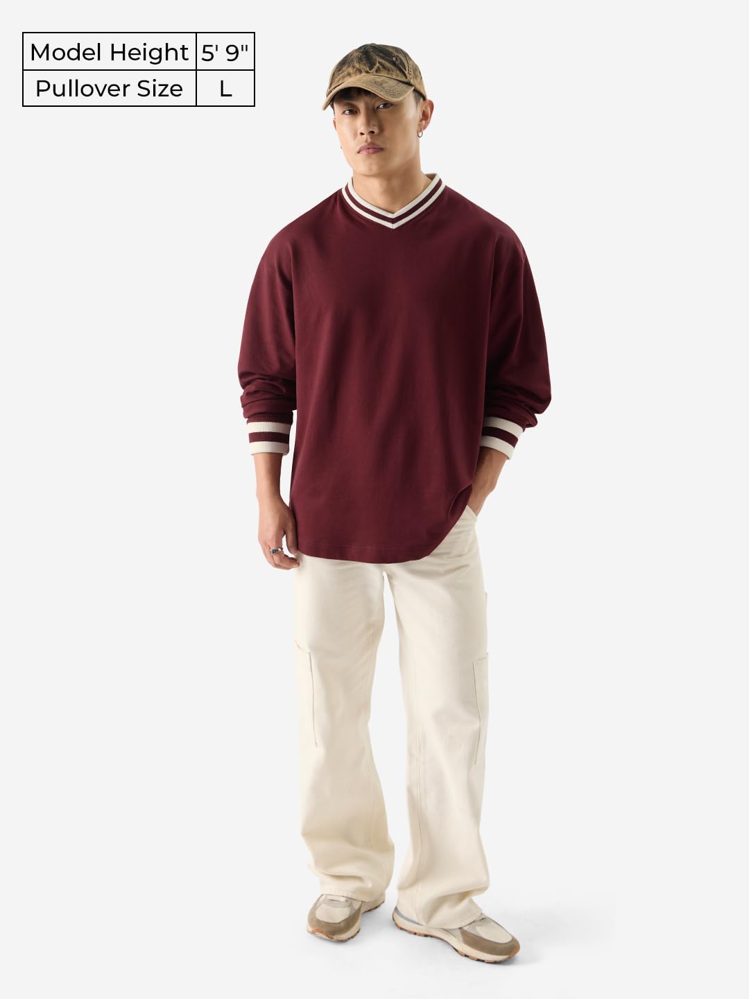 The Souled Store Solids: Burgundy Men and Boys V-Neck Full Sleeve Oversized Fit T-Shirts Oversized Mens T-Shirts Solid Basic Te