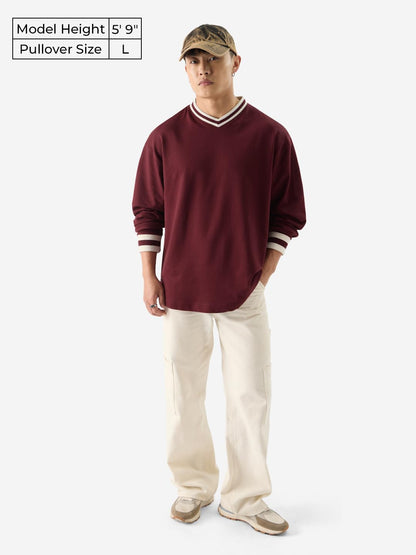 The Souled Store Solids: Burgundy Men and Boys V-Neck Full Sleeve Oversized Fit T-Shirts Oversized Mens T-Shirts Solid Basic Te