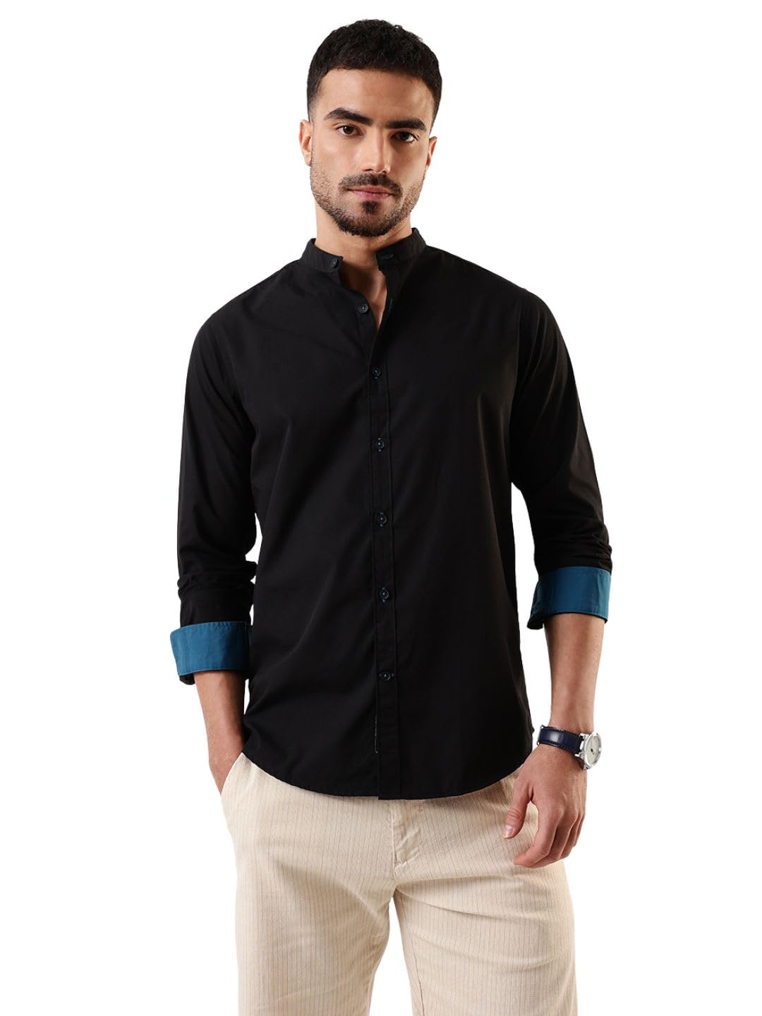 Dennis Lingo Men Black Solid Chinese Collar Full Sleeves Regular Fit Cotton Casual Shirt