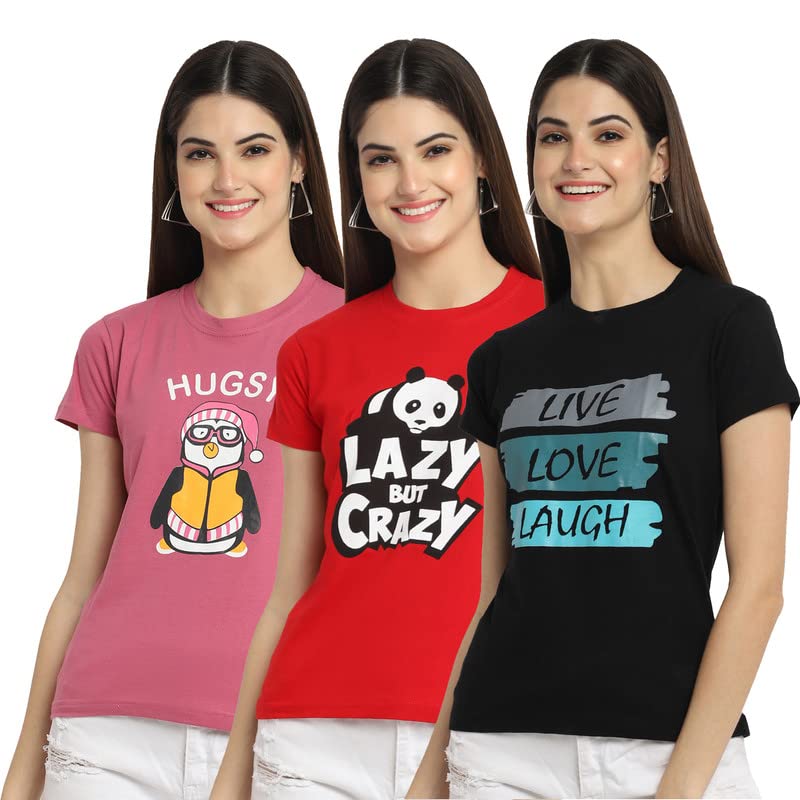 Preneum Womens Cotton Regular Fit Latest Graphic Stylish Printed Short Sleeves Casual T-Shirt || Trending & Style (Pack 3), Pin