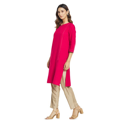 Fabindia Red Cotton Solid Knee Length Kurta