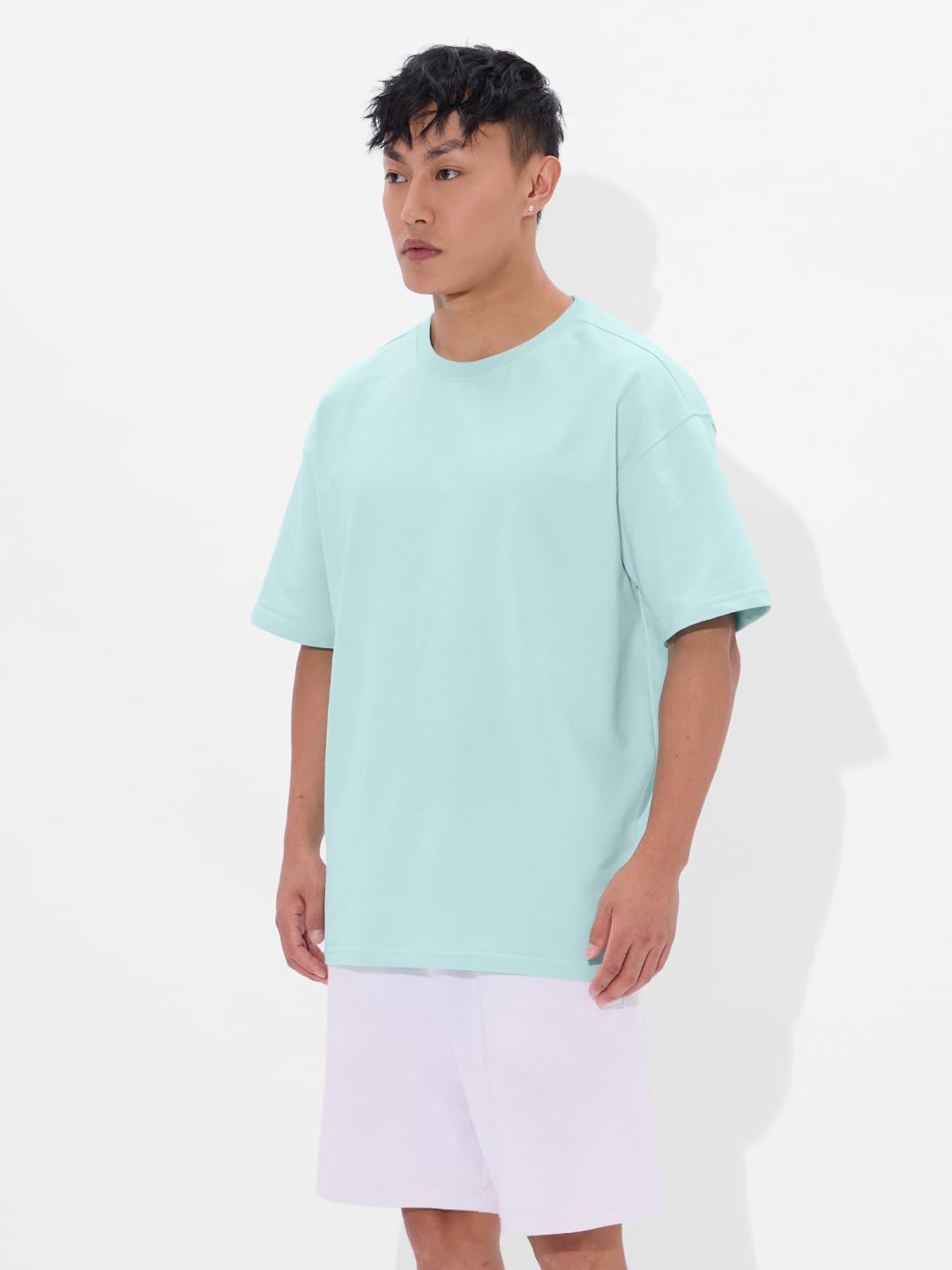 The Souled Store Solids: Sea Blue Men and Boys Short Sleeves Round Neck Cotton Oversized T-Shirts