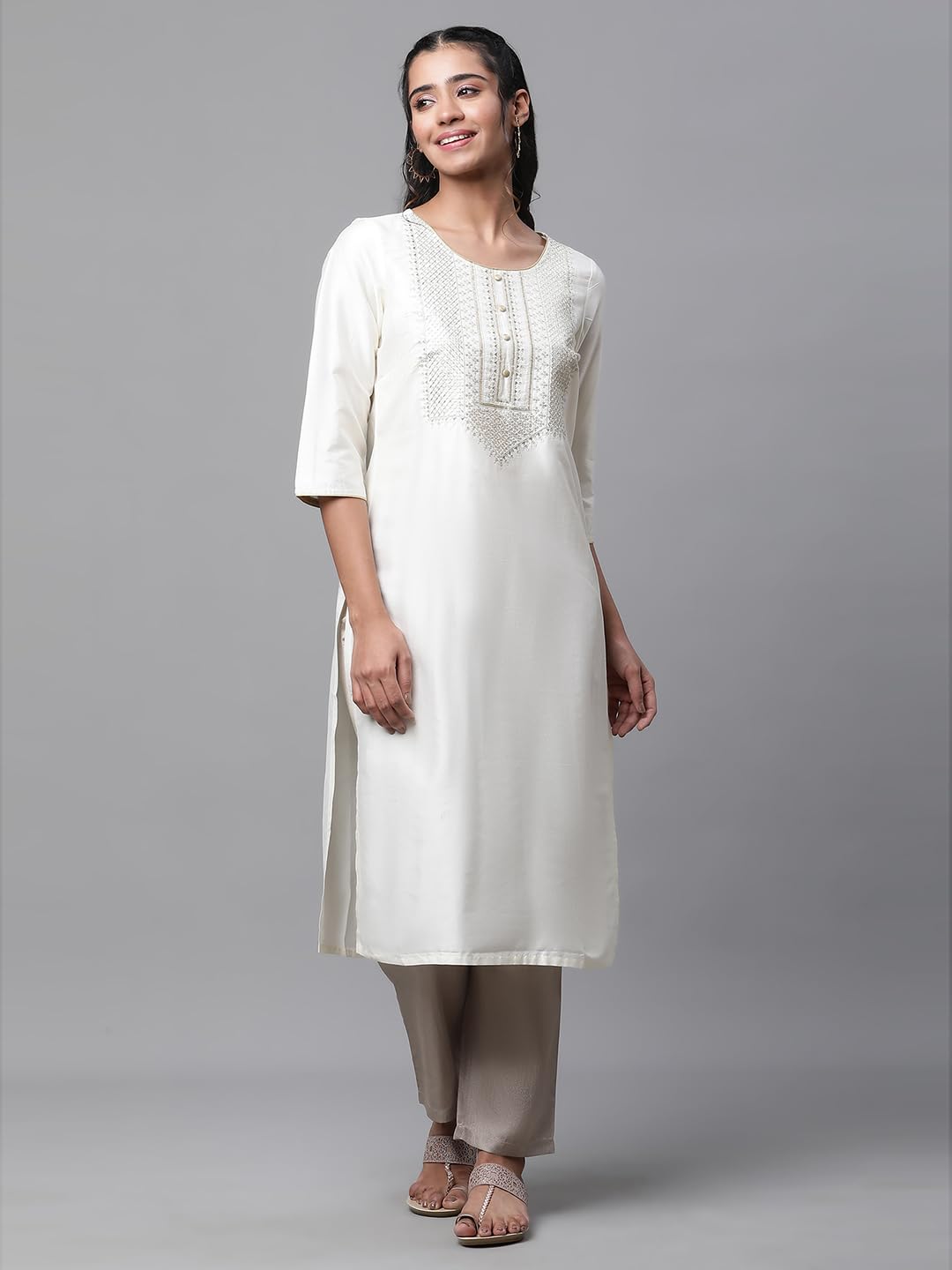 Aurelia Women Cream Solid Solid Viscose Poly Straight Kurta