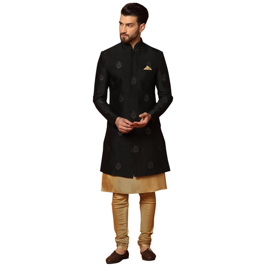 Kisah MenS Black And Golden Indo-Western Kurta Sherwani Churidar Set Cotton Silk Full Sleaves, Knee Length, Straight, Regular F