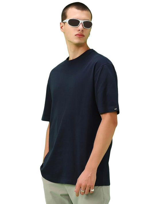 Bewakoof Mens Solid Oversized Fit Half Sleeve Round Neck Cotton T-Shirt Blue