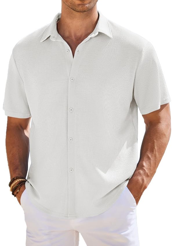 CB-COLEBROOK Mens Waffle Knit Textured Button-Down Wrinkle Free Casual Shirts, Short Sleeves, Summer Beach Tops (in, Alpha, XL,