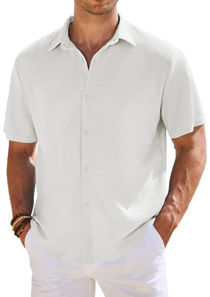 CB-COLEBROOK Mens Waffle Knit Textured Button-Down Wrinkle Free Casual Shirts, Short Sleeves, Summer Beach Tops (in, Alpha, XL,